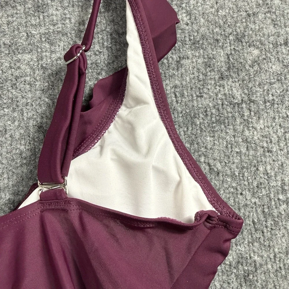 Plum Purple Ruffle One Piece Swimsuit Ruched Tummy‎ Control V-Neck Bathing Suit